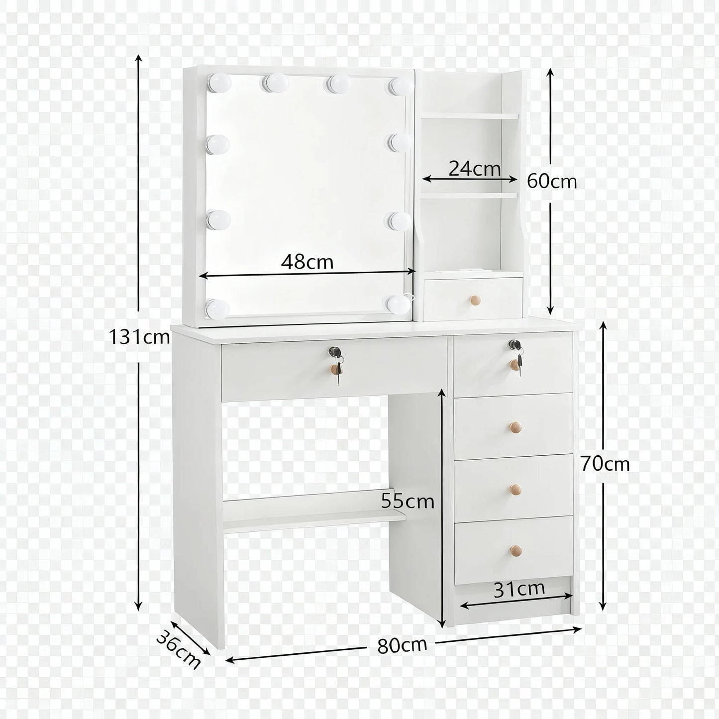 Sminkbord med LED-spegel & Pall – 80 cm med 6 Lådor och Hyllor