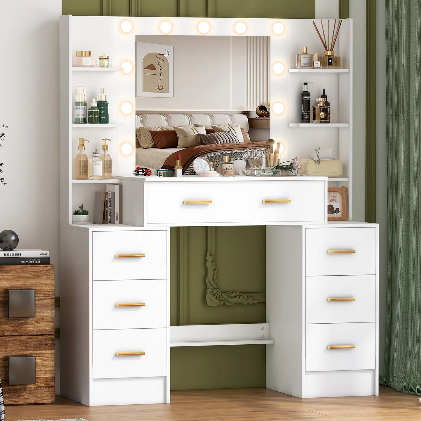 Sminkbord med stor spegel, 11 LED-lampor och 7 lådor – Yamissi/Onesaimei