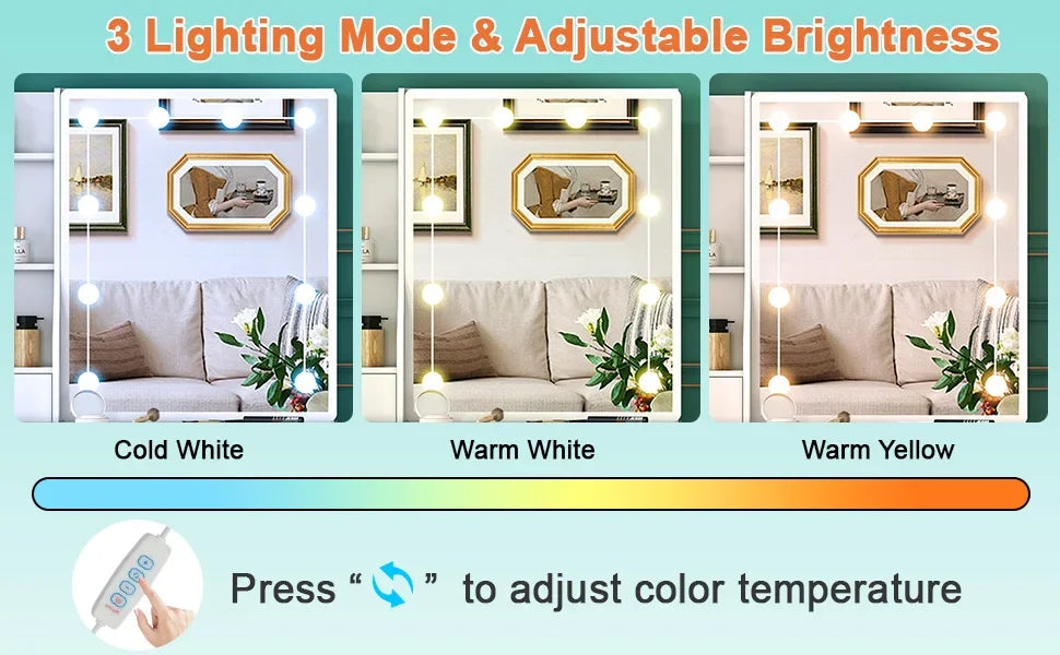 Sminkbord med 10 LED-lampor, skjutbar spegel, 6 lådor och pall – Yamissi/Onesaimei