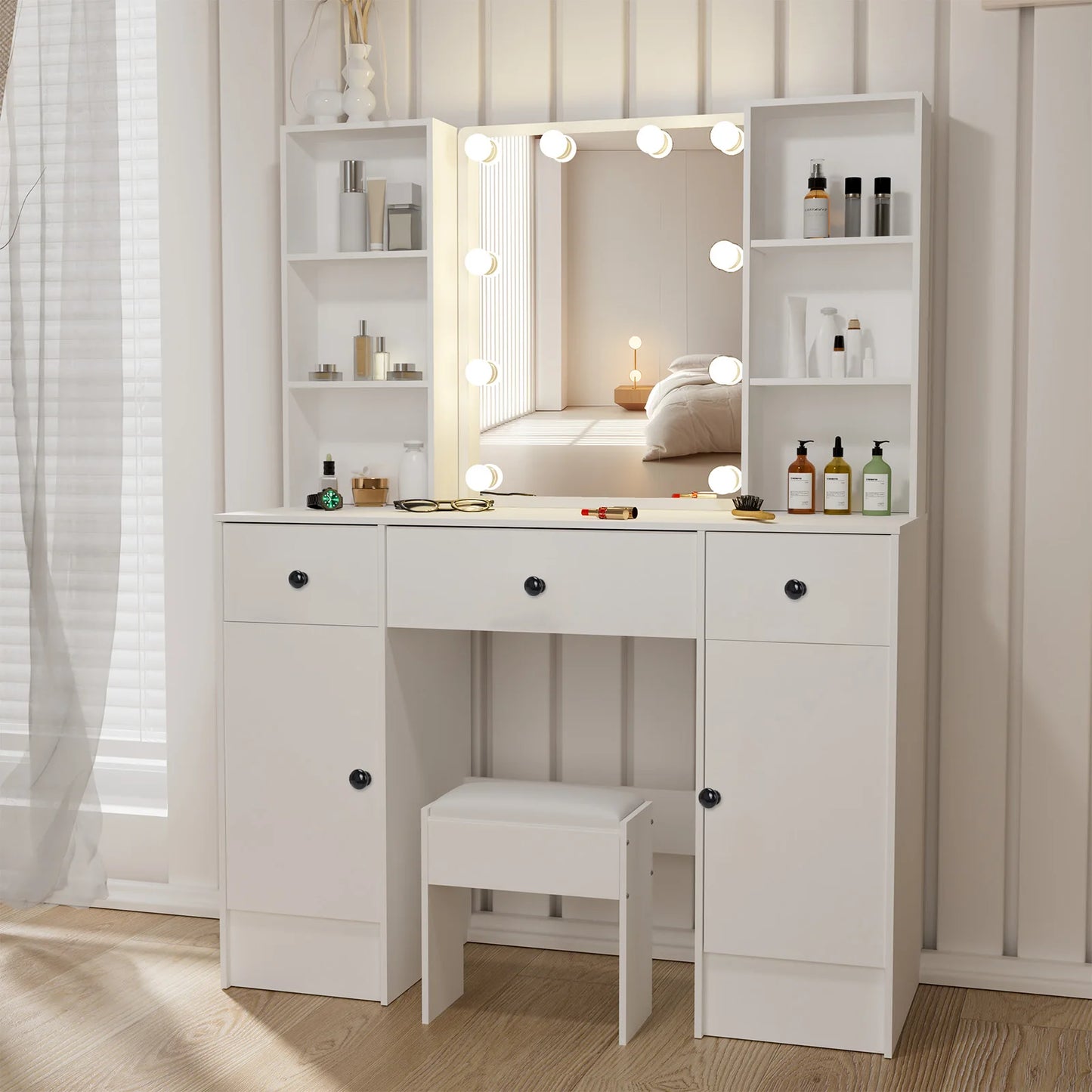 Sminkbord med LED-spegel, 3 lådor och förvaringsskåp – Yamissi/Onesaimei