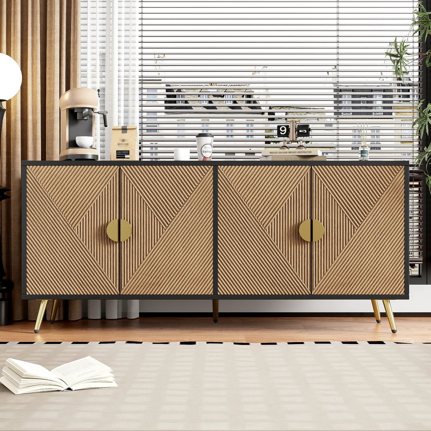 Sideboard 160 cm – Svart & Trä med Guldhandtag och Högglansiga Ben