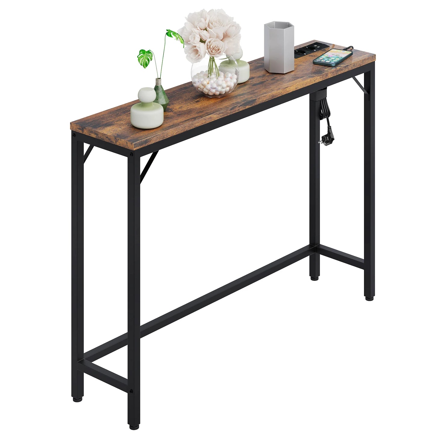 🔌 Smalt Konsolbord med Eluttag & USB – 100×23×80 cm – Vintage Brun/Grå – För Hall & Vardagsrum