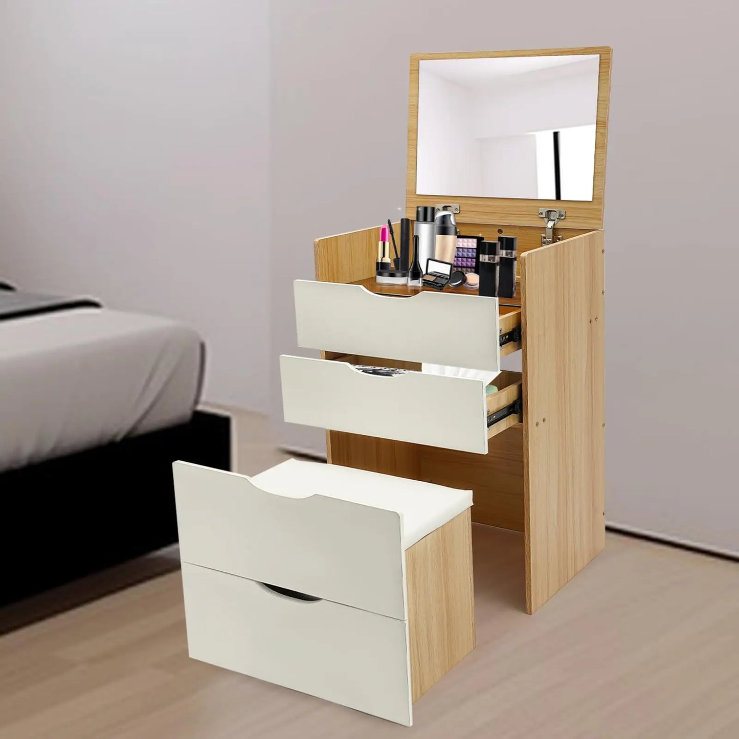 BYMAOCAR Hörnsminkbord med Spegel & Pall – 3 Lådor & Dold Förvaring (40 × 48 × 80 cm)