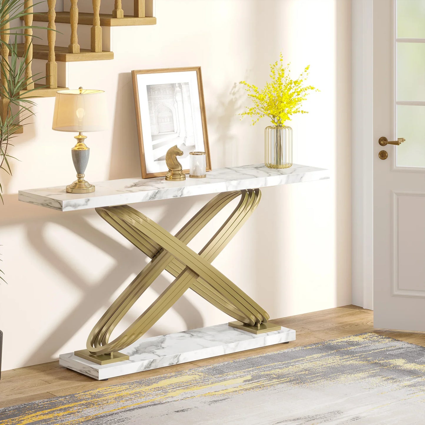 Tribesigns 140 cm Konsolbord – Marmorlook & Guld – Smal Rektangulär Design för Vardagsrum & Hall