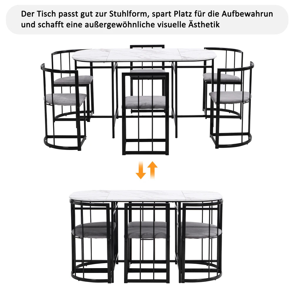 Lyxig Matgrupp med 6 Stolar – Vit Bordsskiva & Guldfärgad Ram