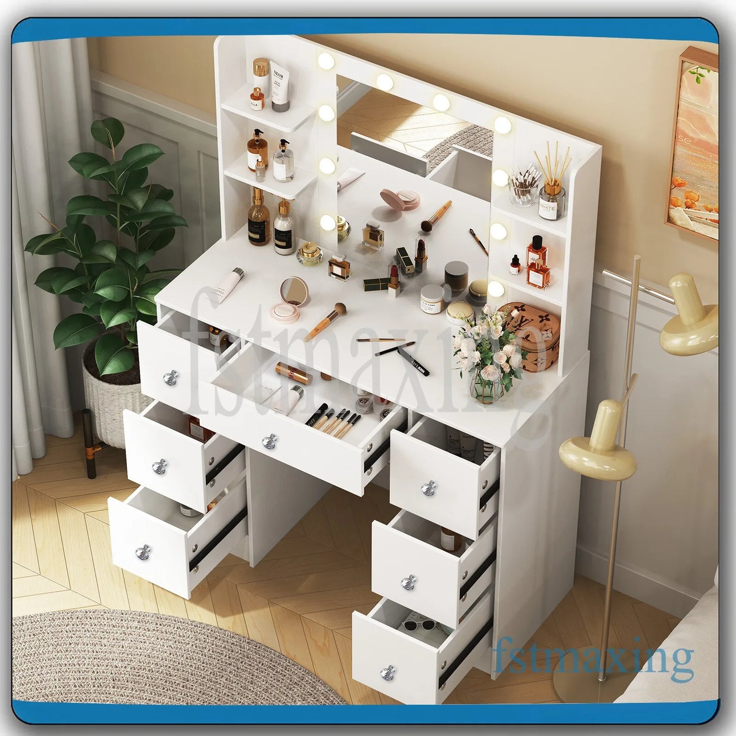 Sminkbord med LED-spegel och 7 lådor – Yamissi/Onesaimei