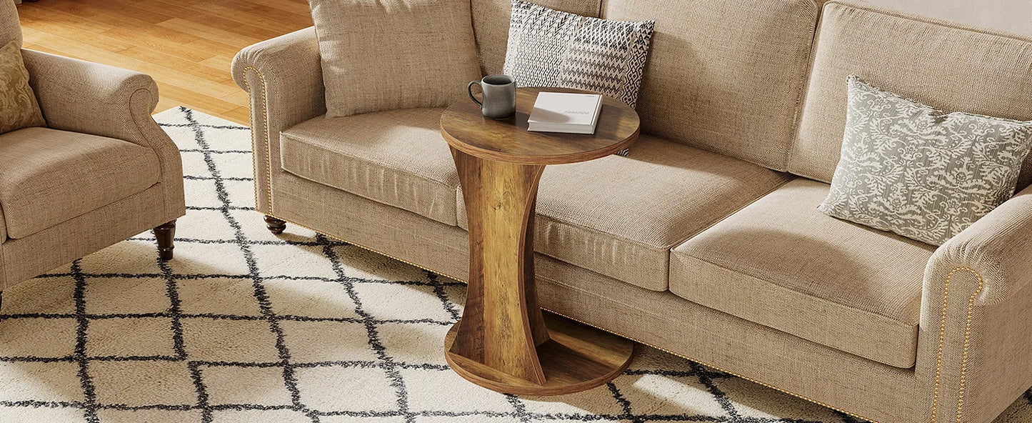 Tribesigns C-formad rund sidobord – 2-nivå rustikt soffbord, 19" med stabil bas