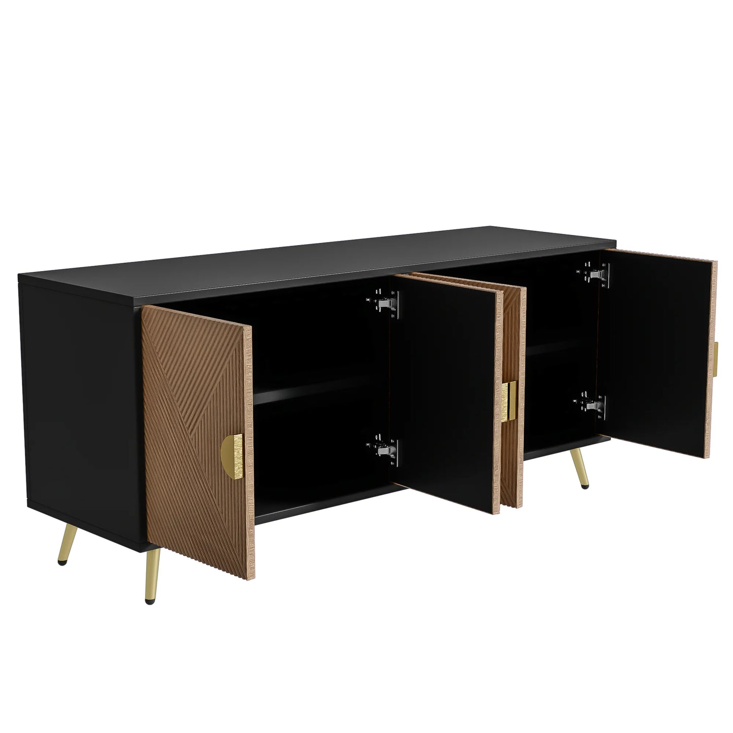 Sideboard 160 cm – Svart & Trä med Guldhandtag och Högglansiga Ben
