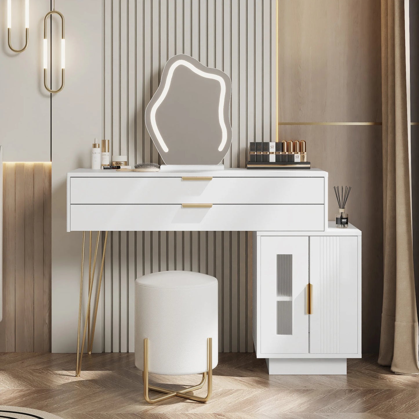Sminkbord med LED-spegel – Modern Vit Design med Utdragbar Funktion