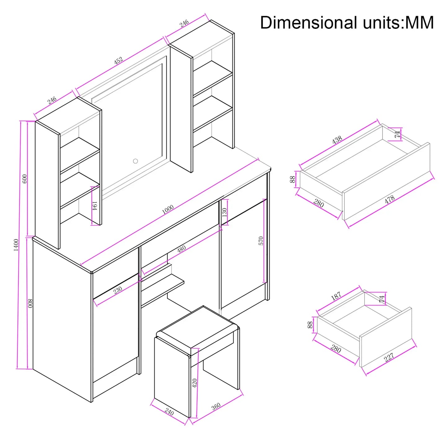 Sminkbord med LED-spegel, 3 lådor och förvaringsskåp – Yamissi/Onesaimei