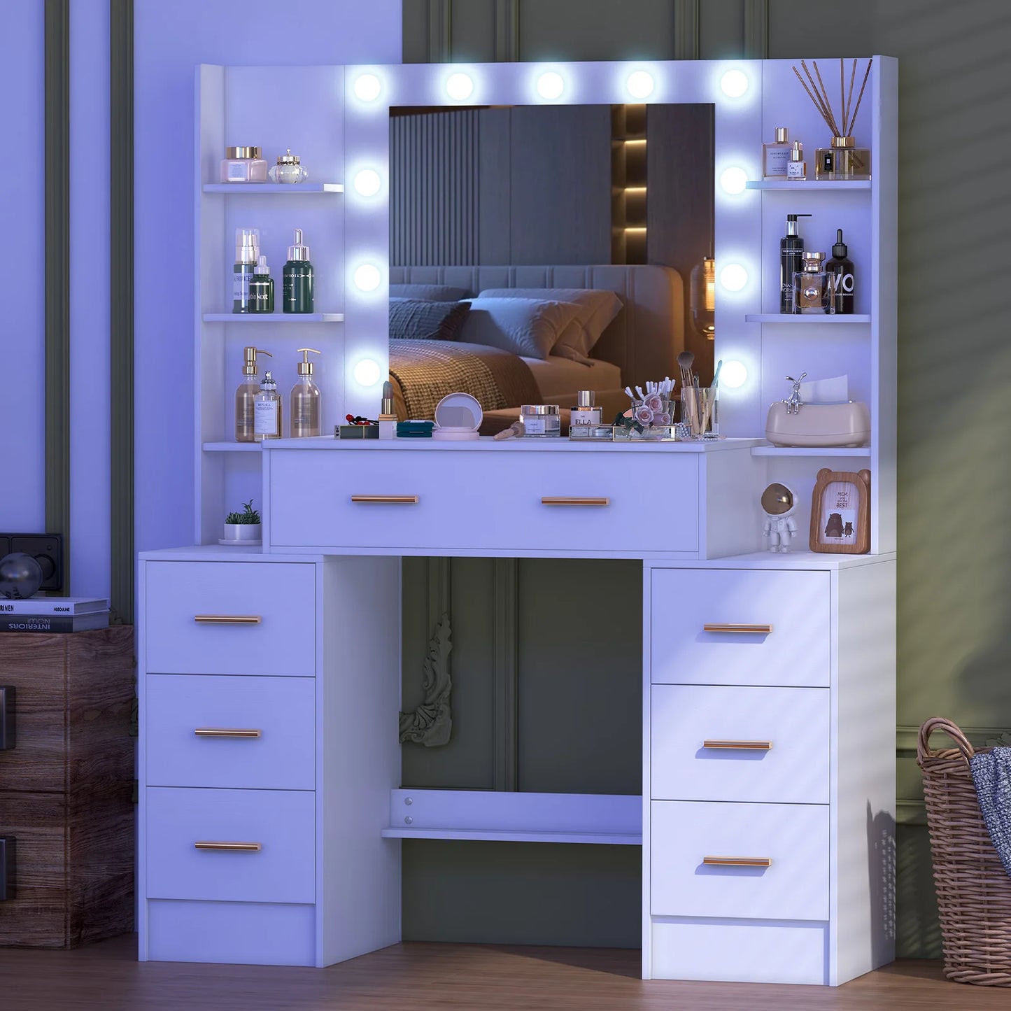 Sminkbord med stor spegel, 11 LED-lampor och 7 lådor – Yamissi/Onesaimei