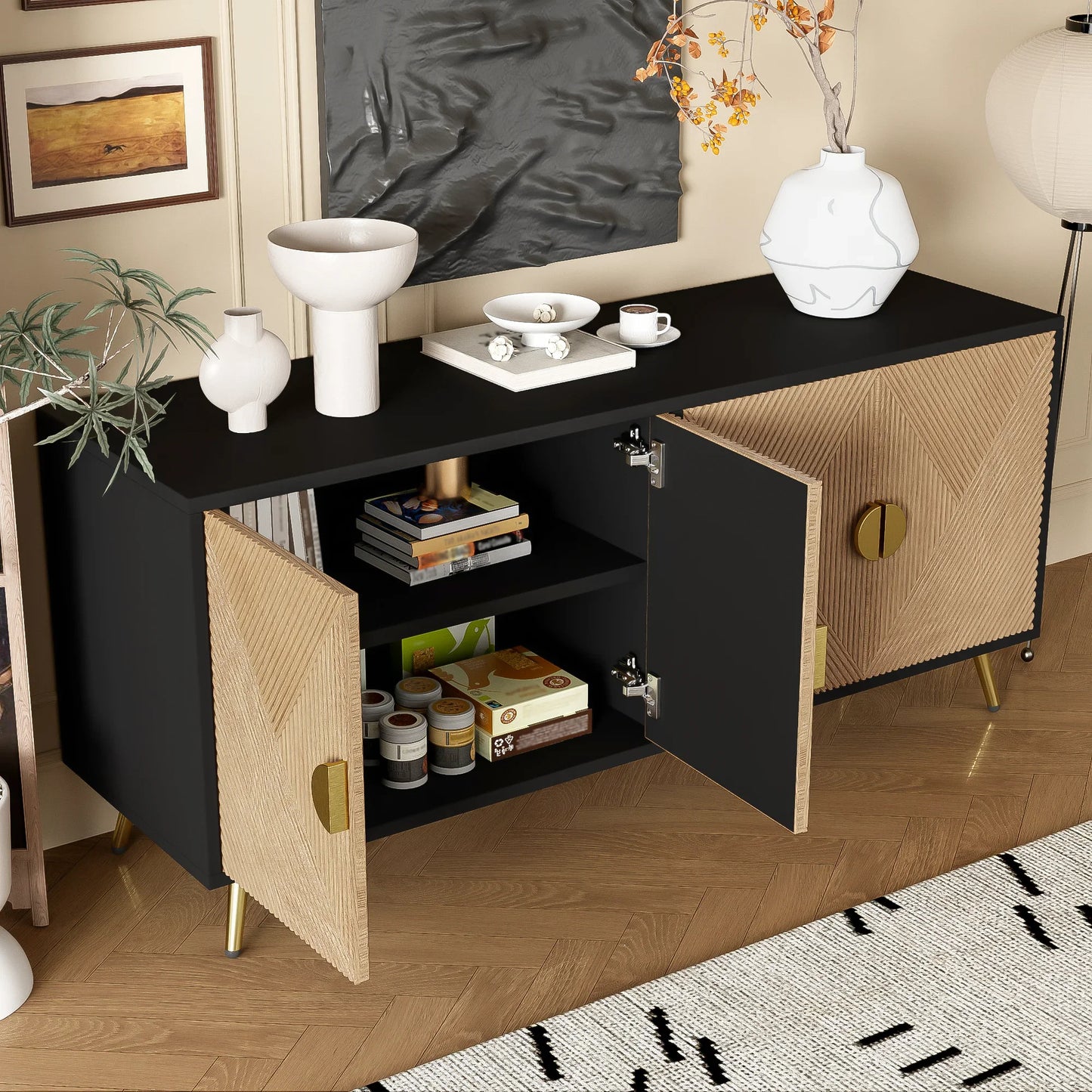 Sideboard 160 cm – Svart & Trä med Guldhandtag och Högglansiga Ben