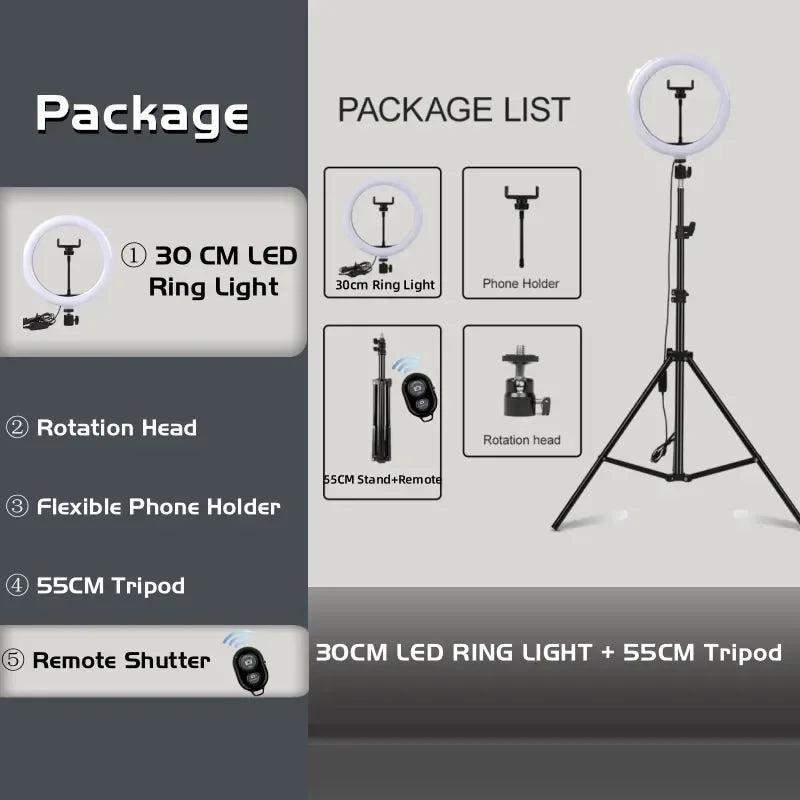 LED Ringljus med Stativ – 16/26/30 cm – USB – 10 Ljuslägen – För Makeup & Video