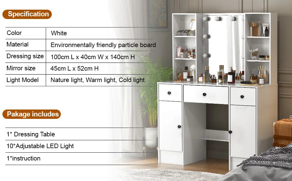 Sminkbord med LED-spegel, 3 lådor och förvaringsskåp – Yamissi/Onesaimei