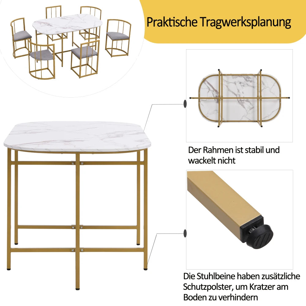 Lyxig Matgrupp med 6 Stolar – Vit Bordsskiva & Guldfärgad Ram