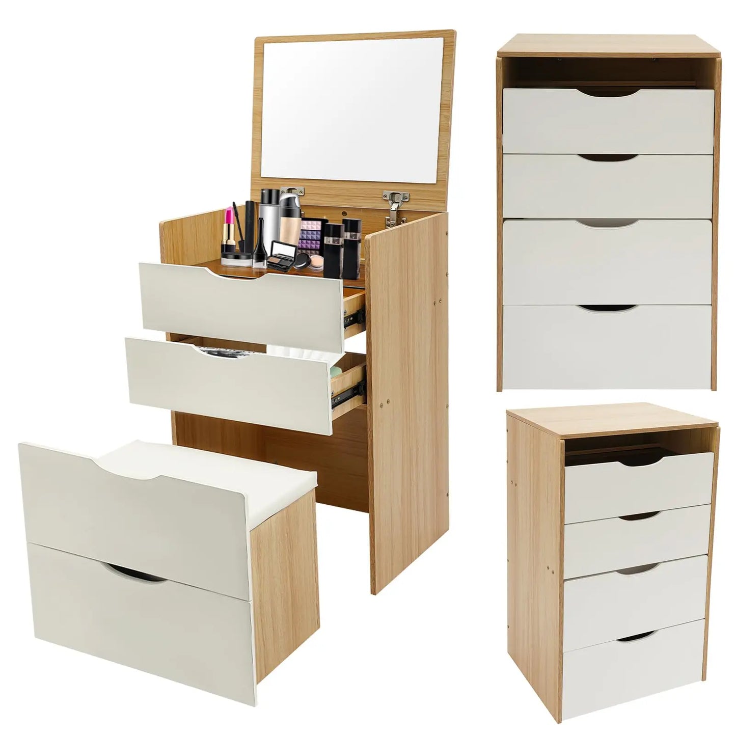 BYMAOCAR Hörnsminkbord med Spegel & Pall – 3 Lådor & Dold Förvaring (40 × 48 × 80 cm)