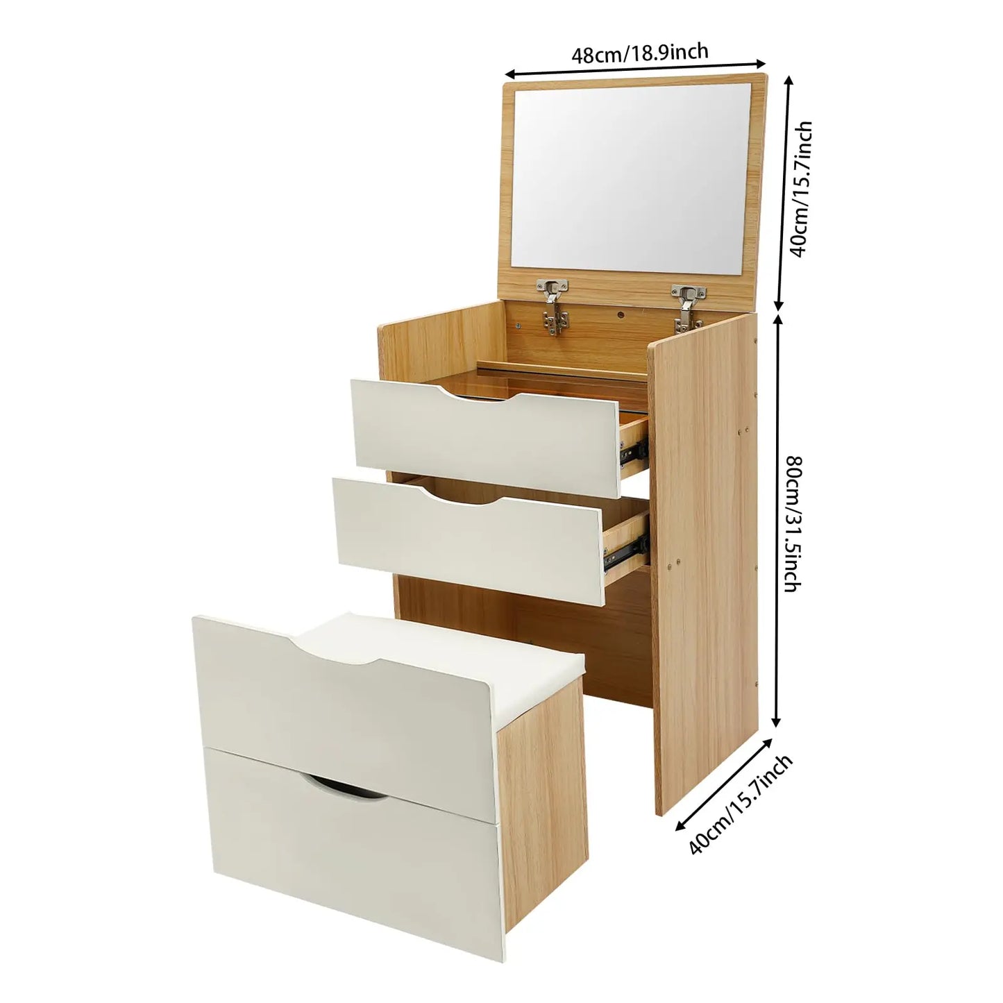 BYMAOCAR Hörnsminkbord med Spegel & Pall – 3 Lådor & Dold Förvaring (40 × 48 × 80 cm)