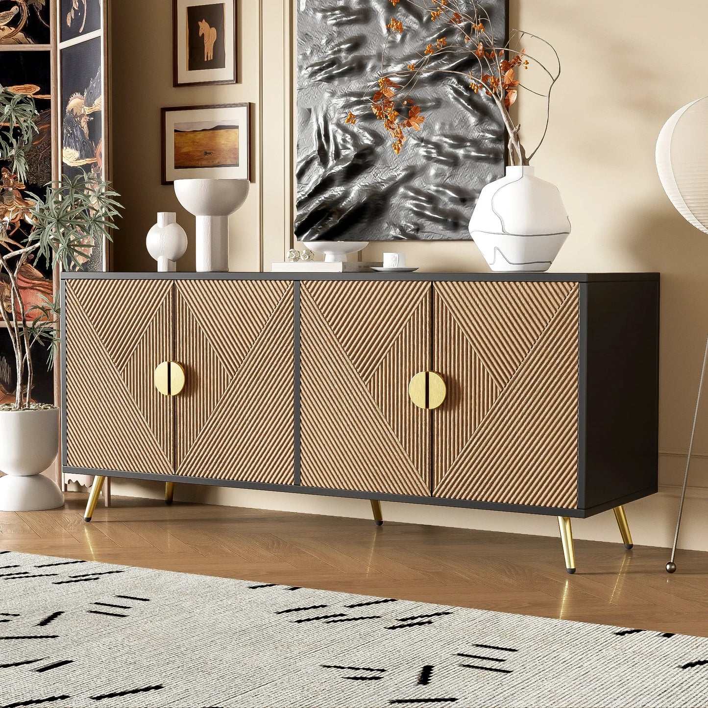 Sideboard 160 cm – Svart & Trä med Guldhandtag och Högglansiga Ben