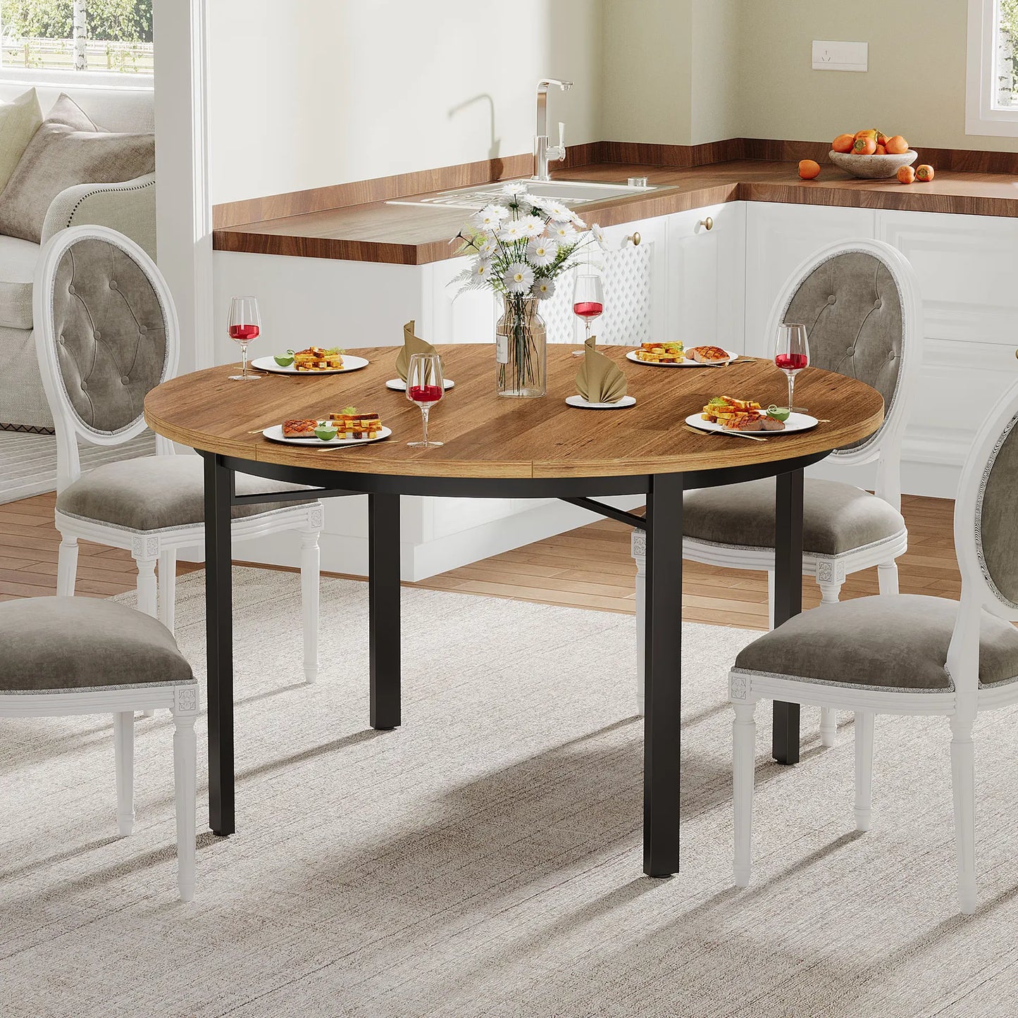 🪵 Tribesigns Runt Matbord – Rustik Brun & Svart (118 cm)