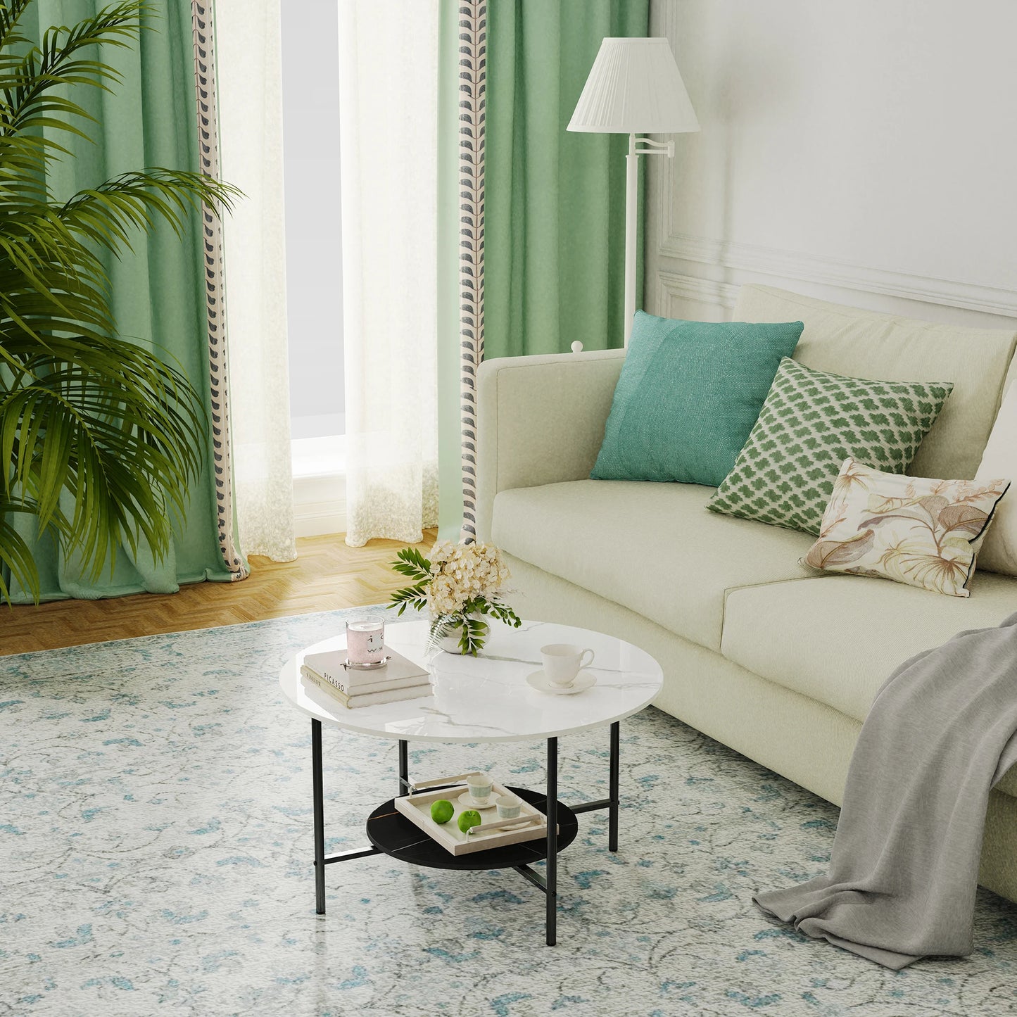 Modernt 2-vånings runt soffbord i sintrad sten – exklusivt bord med metallram för vardagsrum & sovrum