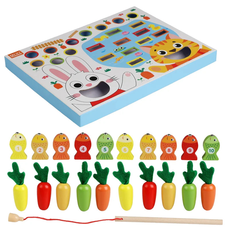 Multifunktionell Montessori-fiskeleksak med morotsskörd och matningsspel