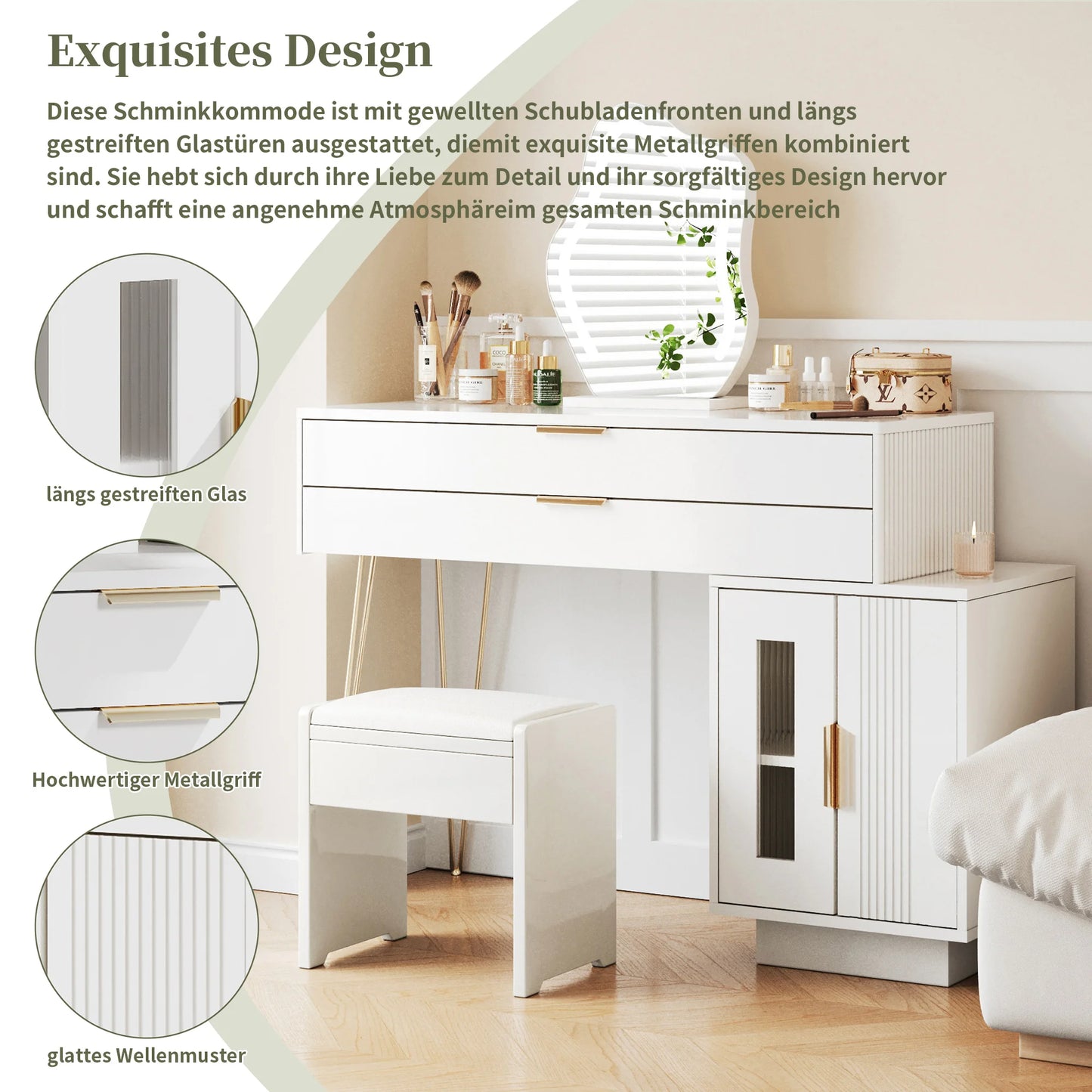 Sminkbord med LED-spegel – Modern Vit Design med Utdragbar Funktion