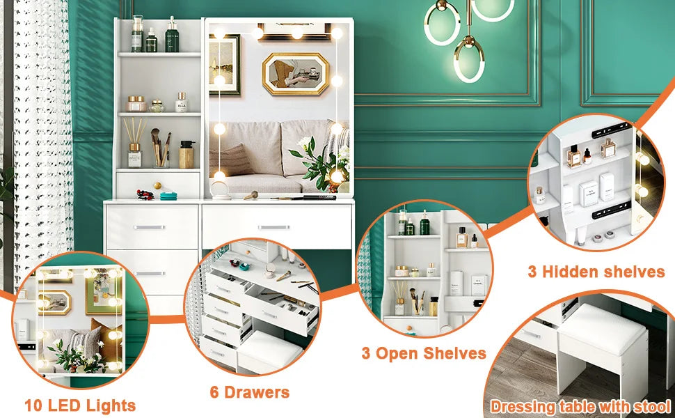 Sminkbord med 10 LED-lampor, skjutbar spegel, 6 lådor och pall – Yamissi/Onesaimei
