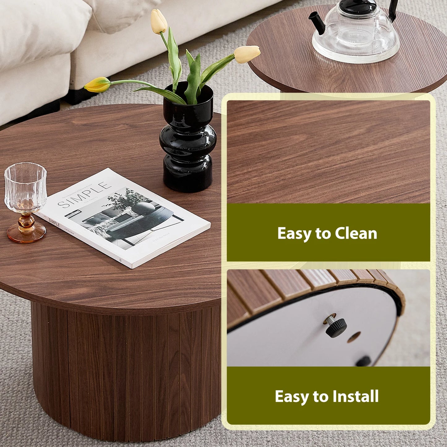 Set med 2 Runda Soffbord i Nordisk Stil – Trälook / Marmormönster