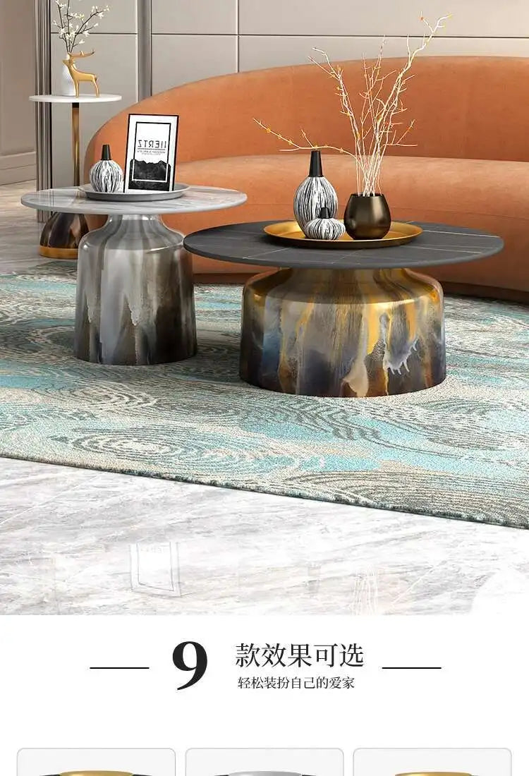 soffbord i marmorsten, fransk rund låg sidobord – nordisk uppsättning för vardagsrumsdekoration