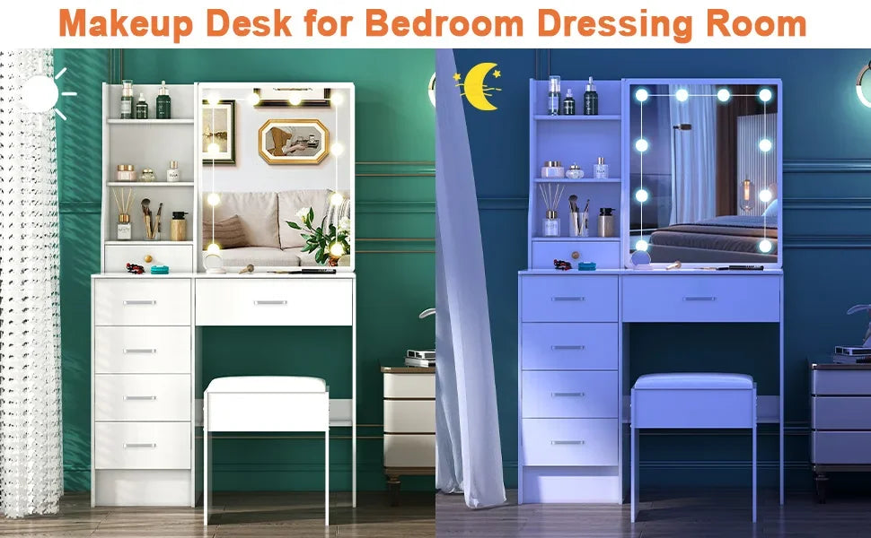 Sminkbord med 10 LED-lampor, skjutbar spegel, 6 lådor och pall – Yamissi/Onesaimei