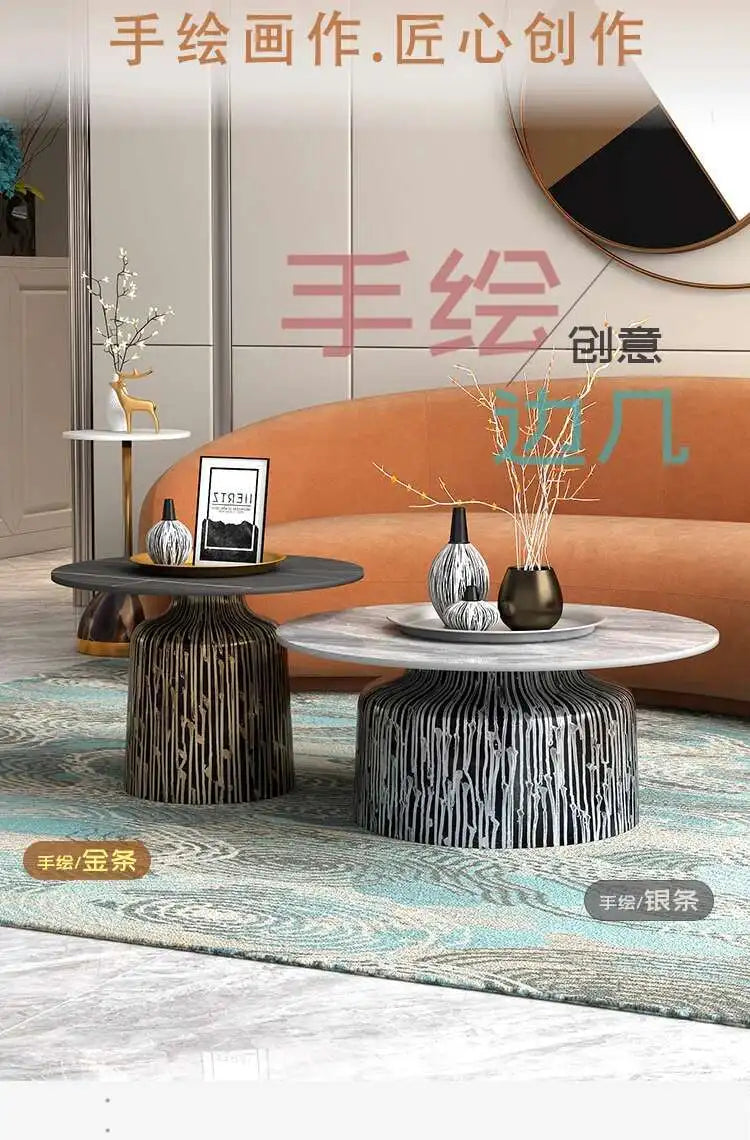 soffbord i marmorsten, fransk rund låg sidobord – nordisk uppsättning för vardagsrumsdekoration