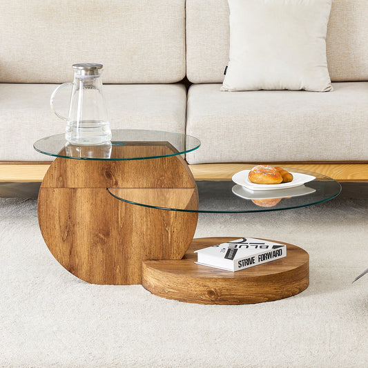 🪞 Minimalistiskt Runt Soffbord i Glas – Flerlagersdesign med Trästruktur – För Vardagsrum & Kontor