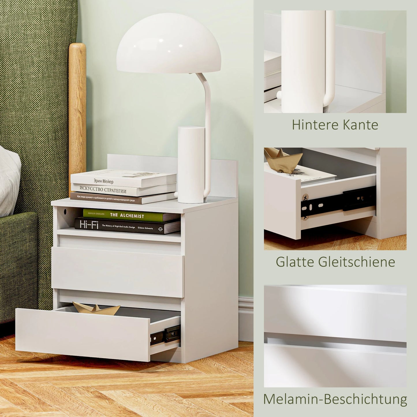 Set med 2 sängbord med 2 lådor – Sidobord med hylla för sovrum och vardagsrum, 40 × 32 × 50 cm