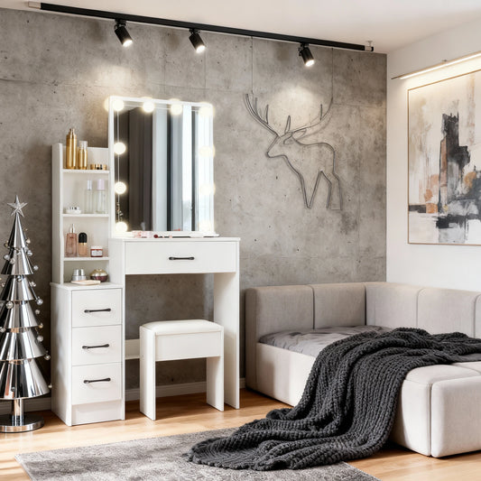 Sminkbord med LED-spegel & Pall – Modern Design med Smart Förvaring (83 × 36 × 139 cm)