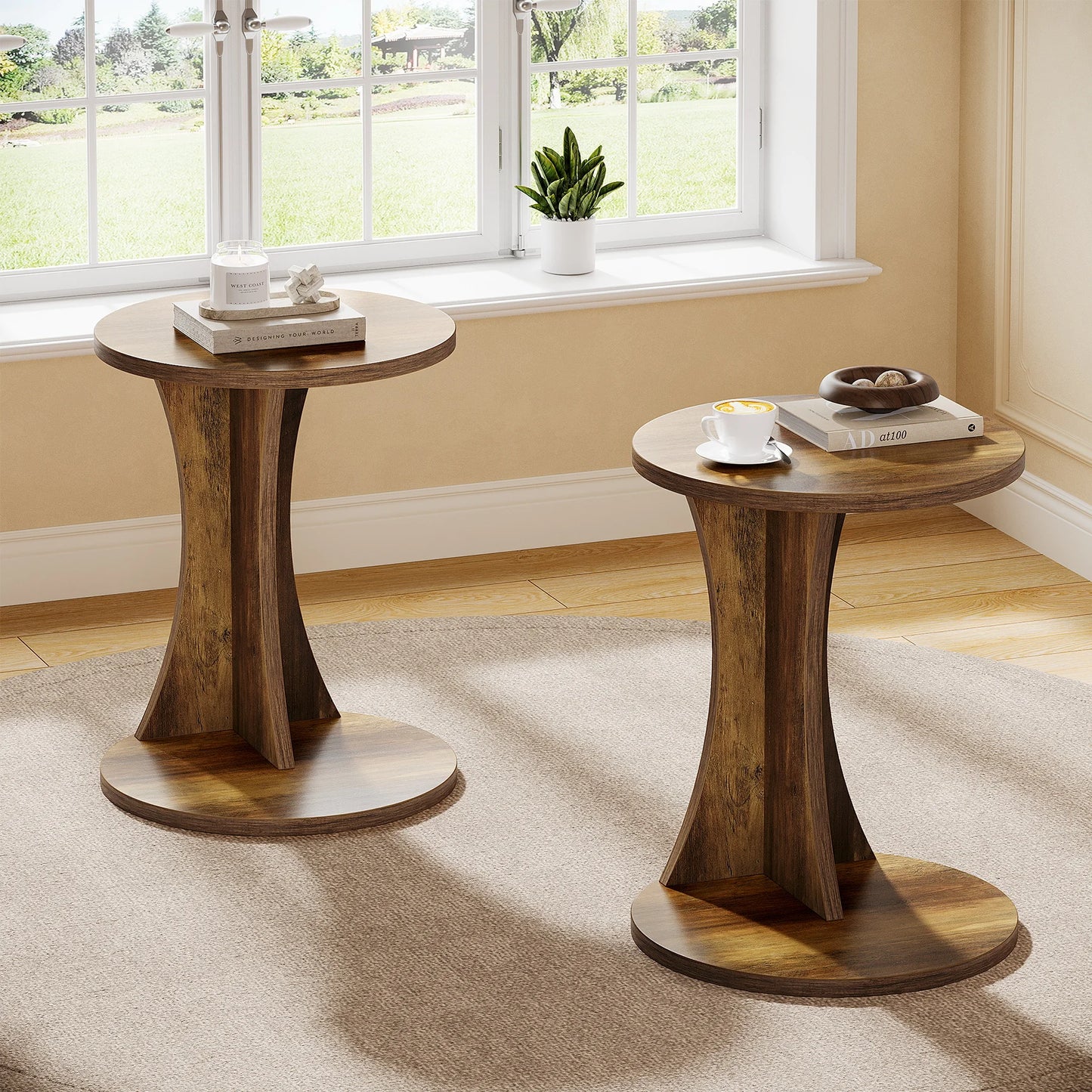 Tribesigns C-formad rund sidobord – 2-nivå rustikt soffbord, 19" med stabil bas