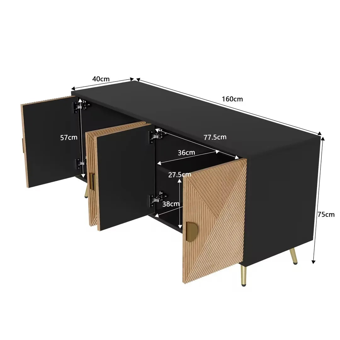 Sideboard 160 cm – Svart & Trä med Guldhandtag och Högglansiga Ben