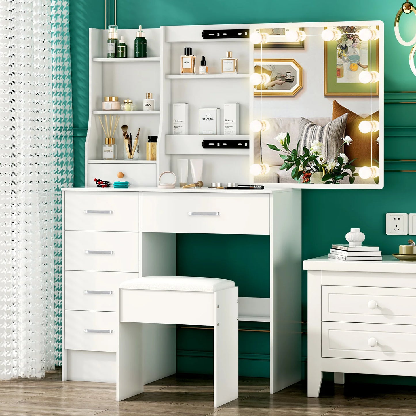 Sminkbord med 10 LED-lampor, skjutbar spegel, 6 lådor och pall – Yamissi/Onesaimei