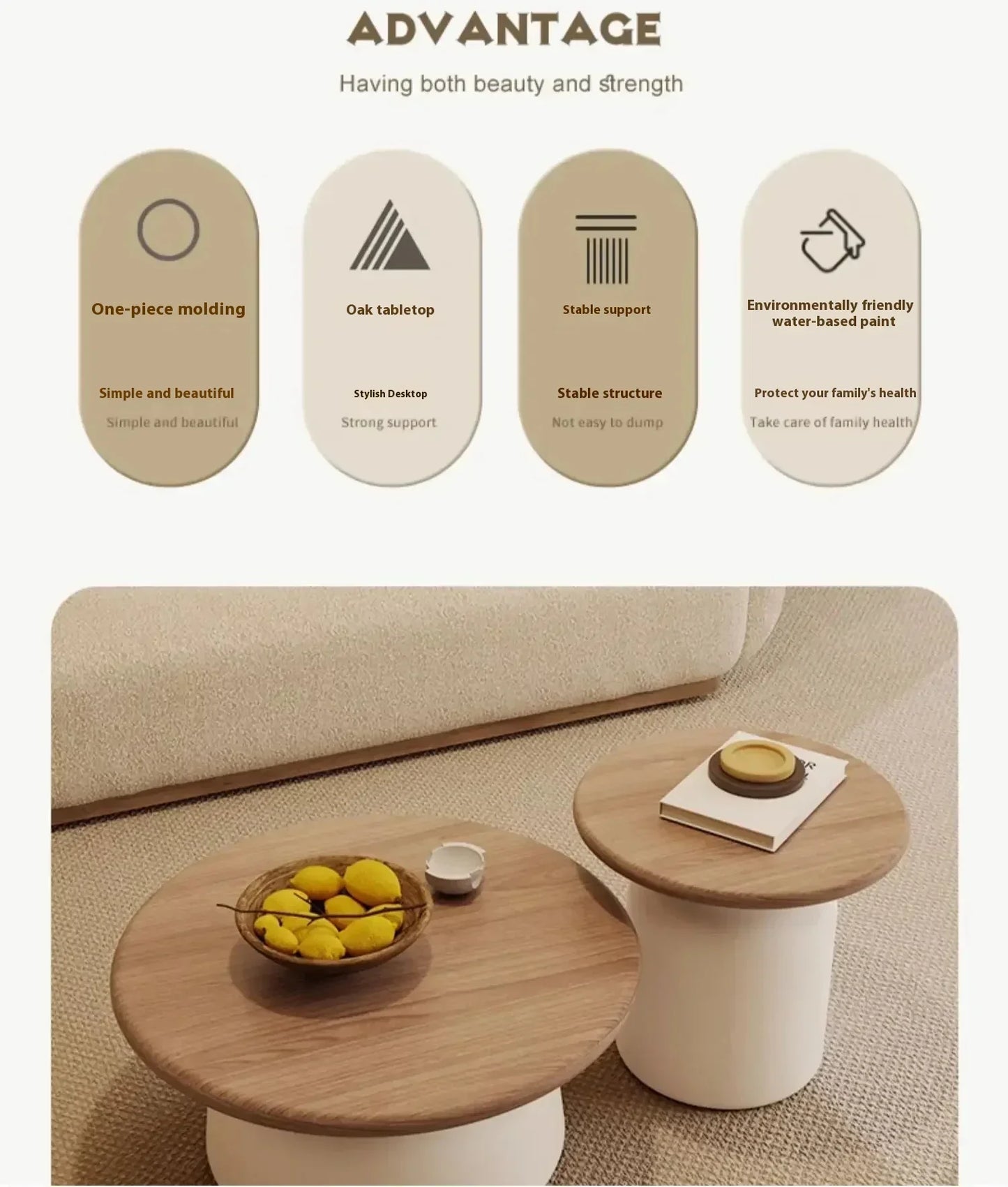 Nordisk Rund Soffbordssats – Modern Design i Trä & Vit Metall