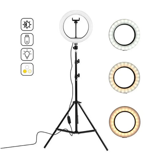 LED Ringljus med Stativ – 16/26/30 cm – USB – 10 Ljuslägen – För Makeup & Video