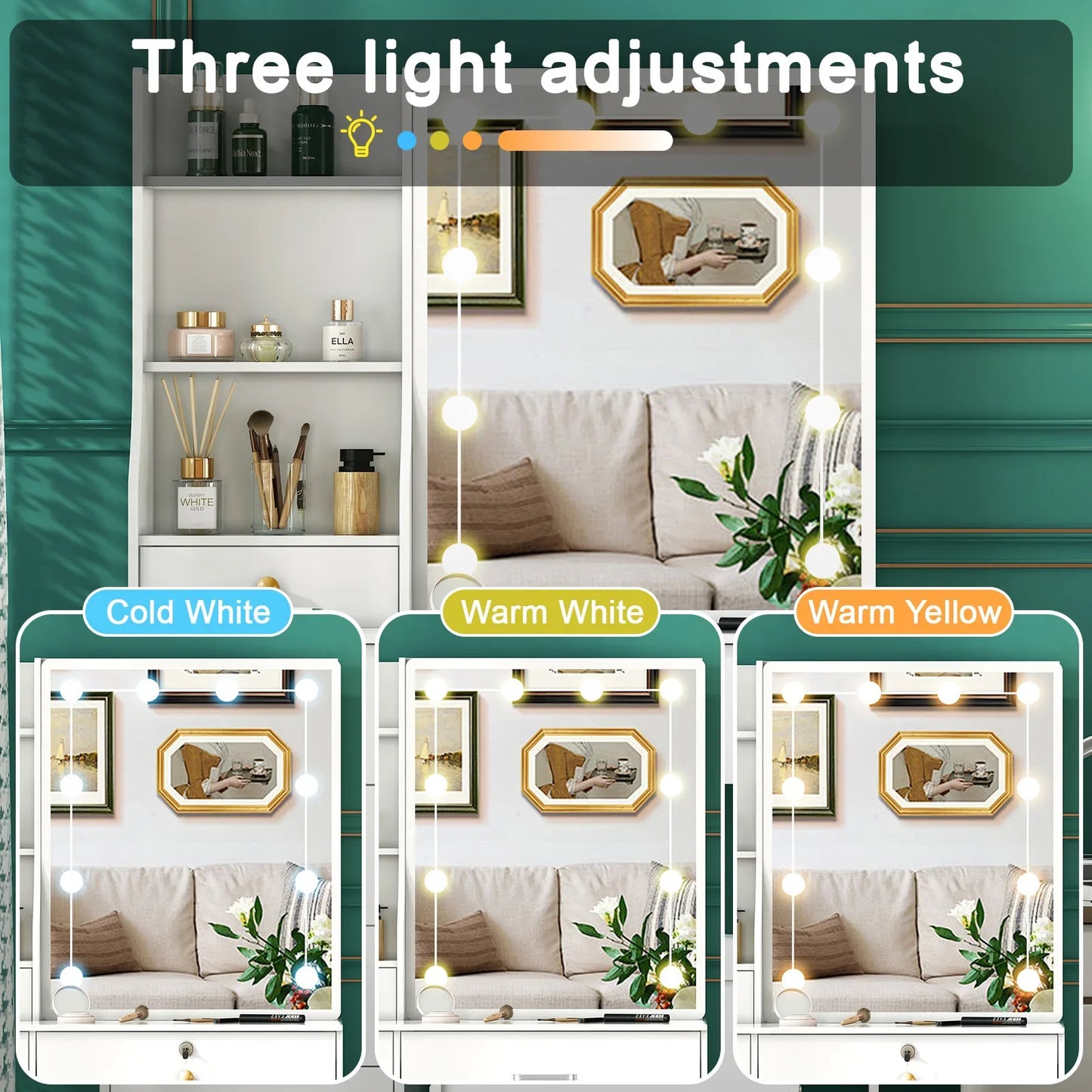 Sminkbord med 10 LED-lampor, skjutbar spegel, 6 lådor och pall – Yamissi/Onesaimei