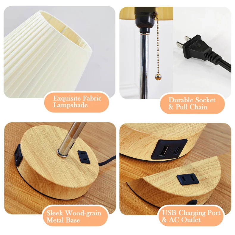 LED Sängbordslampa med USB-C-laddningsport – Modern bordslampa med tygskärm och dragströmbrytare