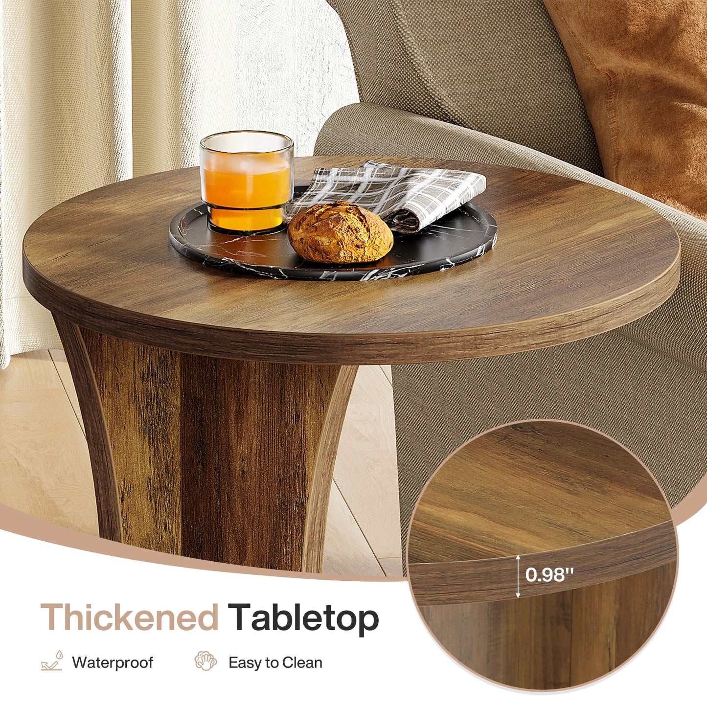 Tribesigns C-formad rund sidobord – 2-nivå rustikt soffbord, 19" med stabil bas