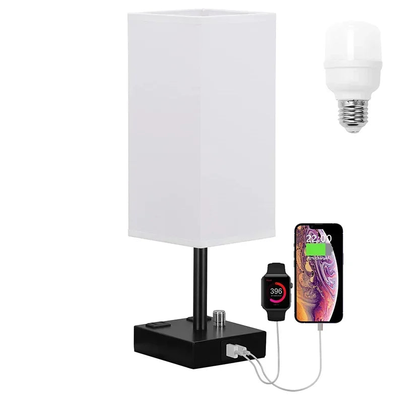 2-pack Dimbara Bordslampor med USB-C + USB-A & Eluttag – Grå Tygskärm