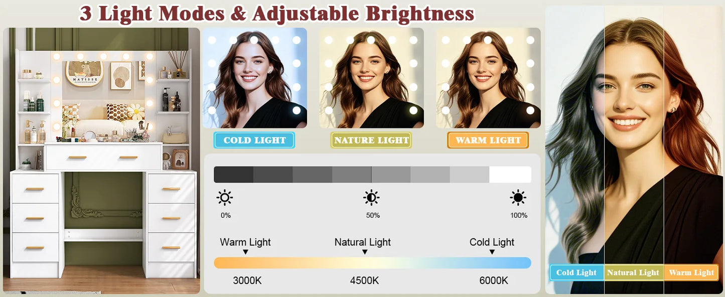 Sminkbord med stor spegel, 11 LED-lampor och 7 lådor – Yamissi/Onesaimei