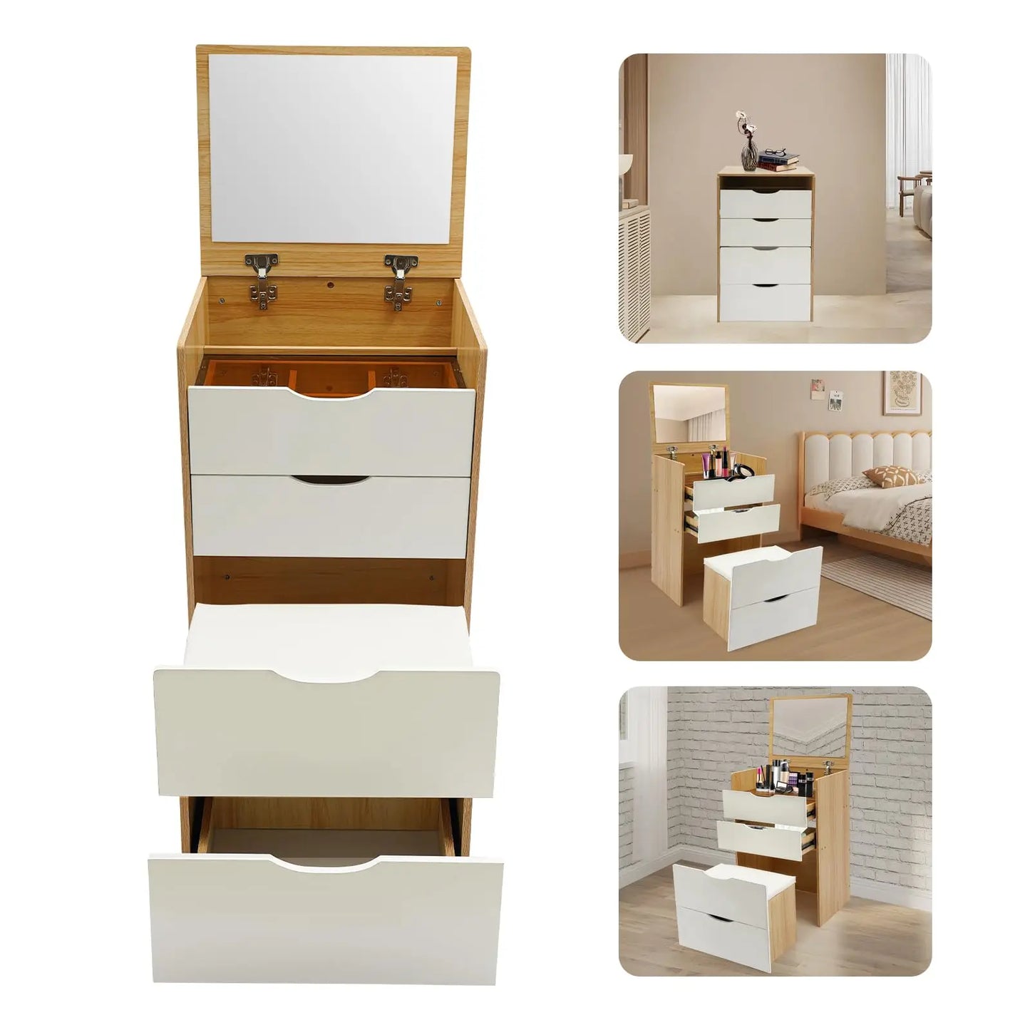 BYMAOCAR Hörnsminkbord med Spegel & Pall – 3 Lådor & Dold Förvaring (40 × 48 × 80 cm)