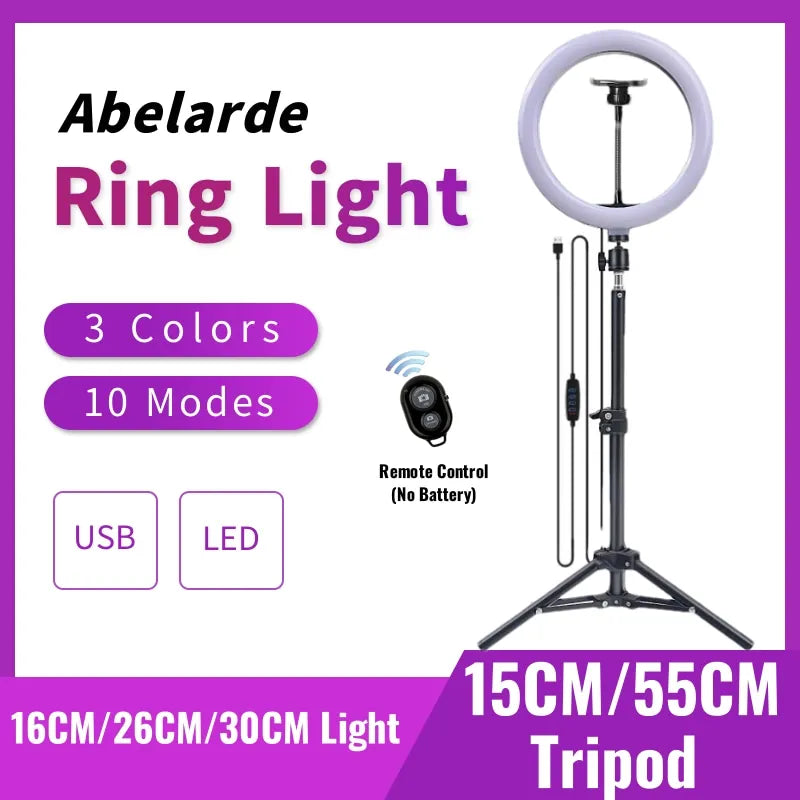 LED Ringljus med Stativ – 16/26/30 cm – USB – 10 Ljuslägen – För Makeup & Video