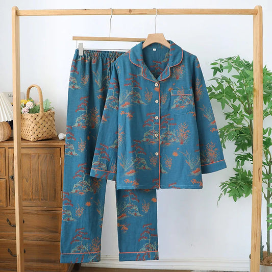 🌸 Elegant Pyjamas för Kvinnor – 100% Bomullskrepp – Blommigt Tryck – Vår & Sommar – 2-delad Set
