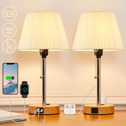 LED Sängbordslampa med USB-C-laddningsport – Modern bordslampa med tygskärm och dragströmbrytare