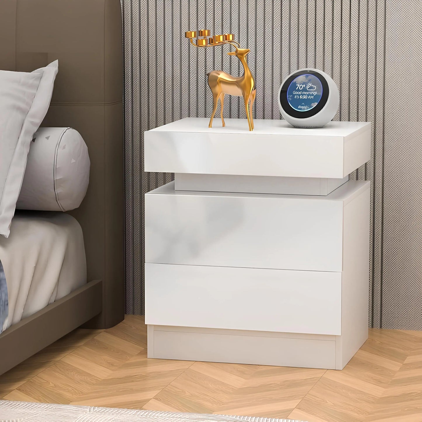 Vitt sängbord med 2 lådor + toppfack – Högglans på alla sidor, RGB LED-belysning, 55 cm