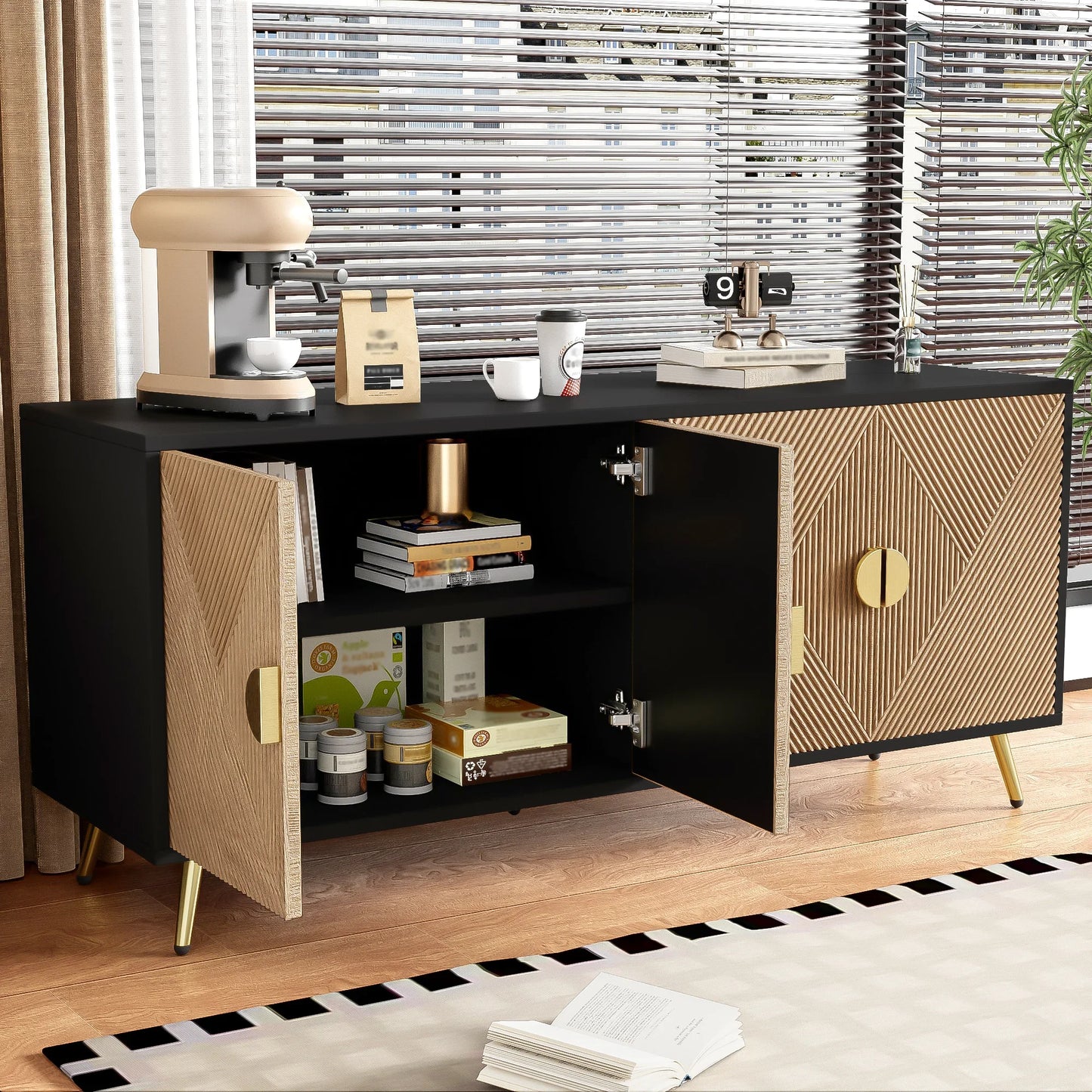 Sideboard 160 cm – Svart & Trä med Guldhandtag och Högglansiga Ben